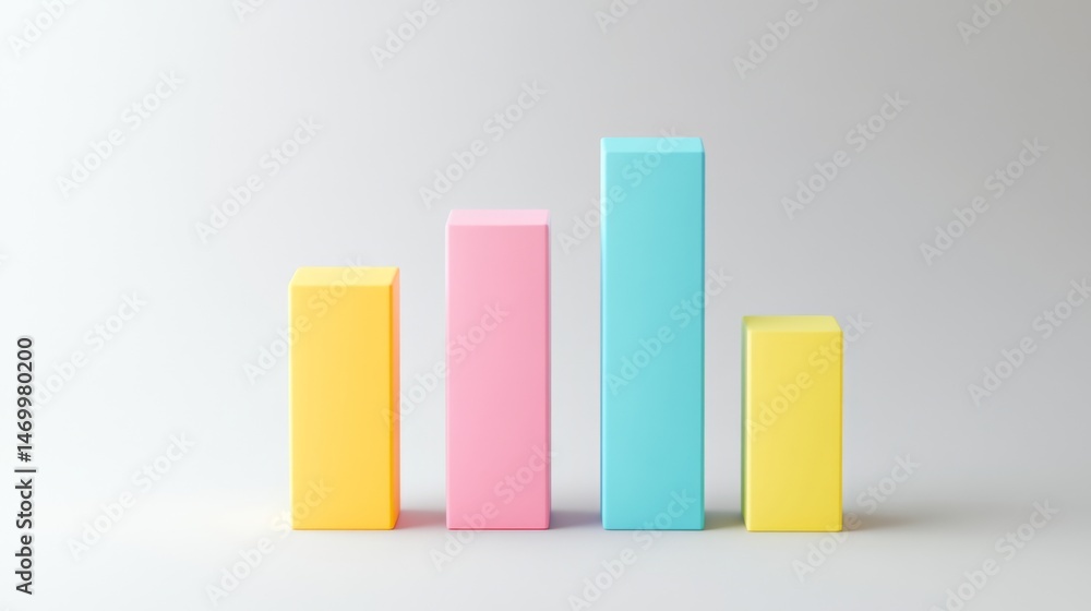 Poster minimalistic bar chart with three-dimensional bars in various heights, set against a clean white bac