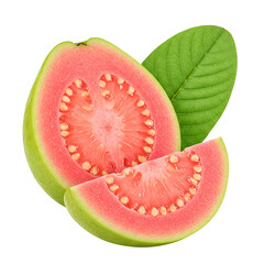 Pink Guava with Slice and Leaves Isolated