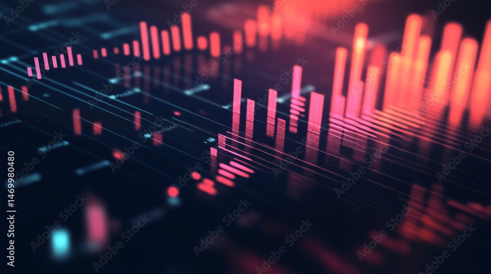 Poster modern data dashboard with a combination of bar and line graphs, muted colors on a dark background f