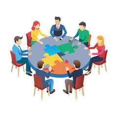 Team collaboration assembled puzzle pieces meeting and strategic solutions