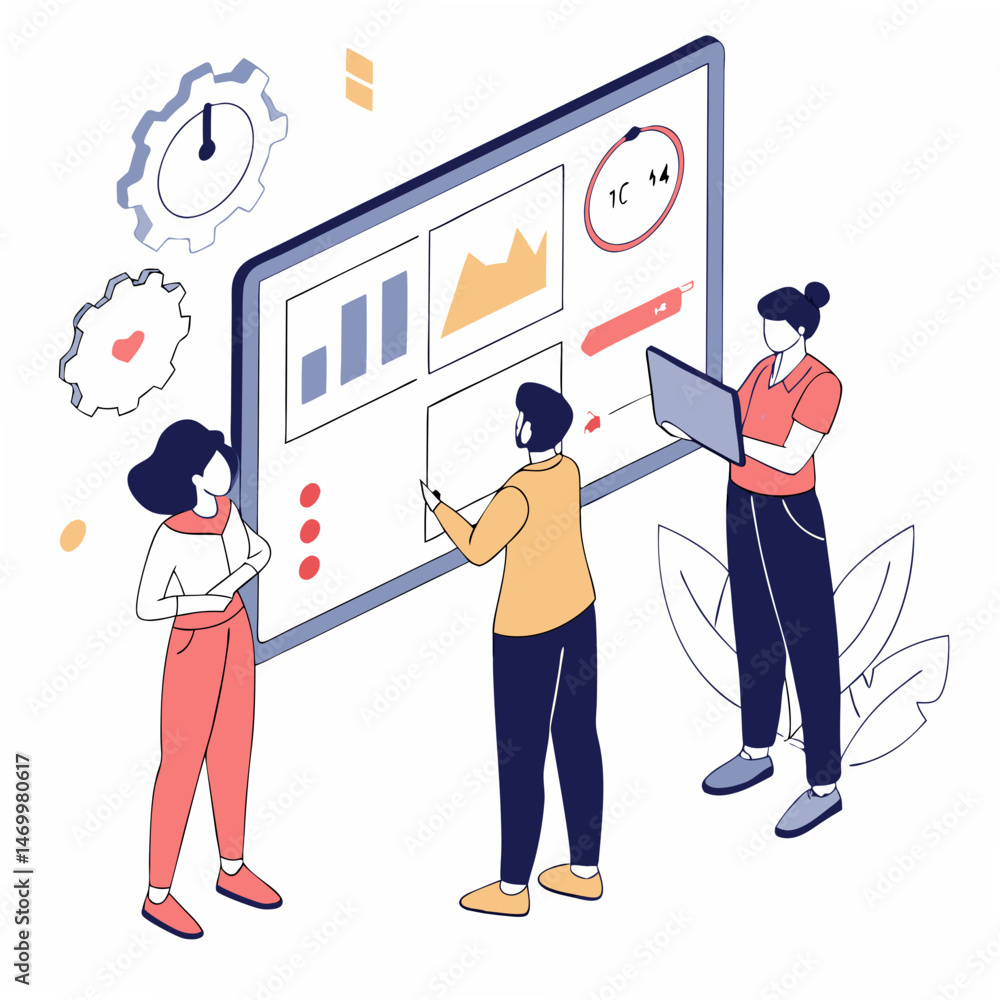 Poster isometric illustration of business team analyzing data on a large screen with transparency