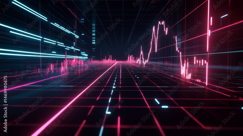 Poster line graph with peaks and troughs, showing fluctuating data, on a dark grid with glowing neon lines 