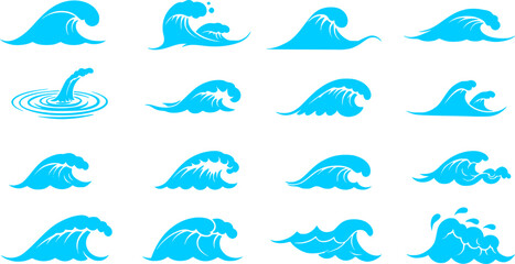 Obraz premium Water wave black silhouette icons vector set 