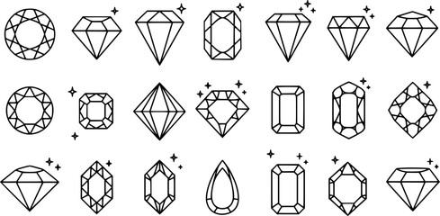 Diamond gem jewel gemstone line icon vector set
