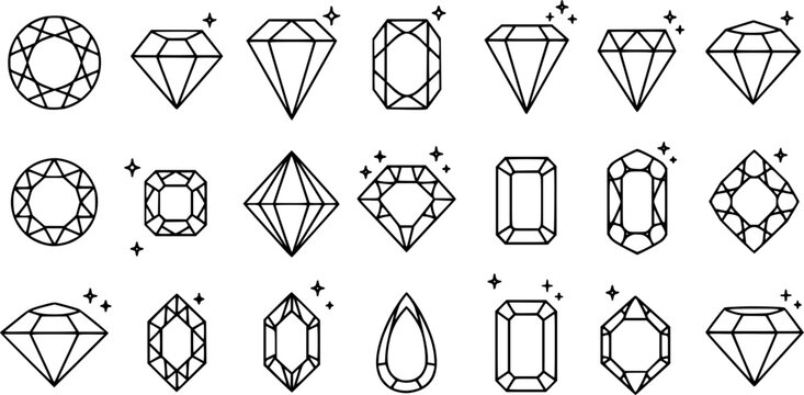 Diamond gem jewel gemstone line icon vector set
