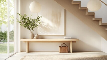 Fototapeta premium Scandinavian-style entrance hall featuring wooden cabinet, staircase, and window with minimal modern interior elements 