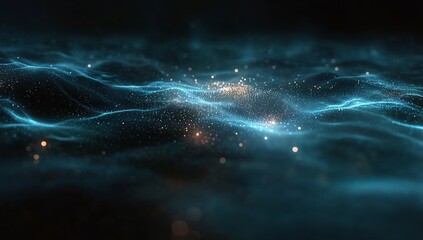Abstract dark blue background with flowing particles and waves of glowing dots, cinematic, 3d