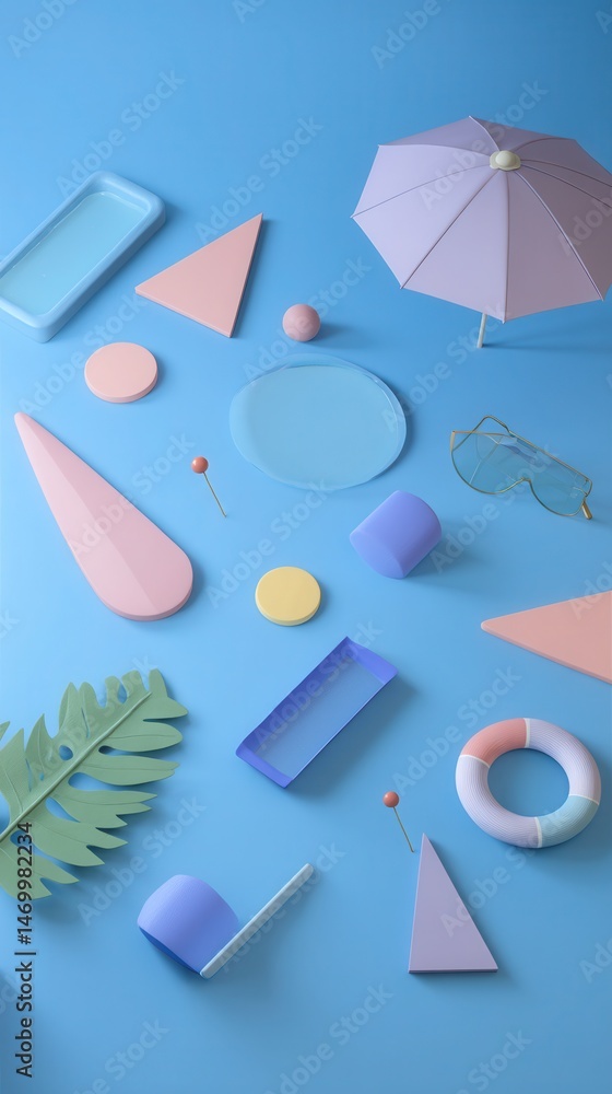Poster flat lay of assorted objects arranged on a vibrant blue surface with bright, even lighting.