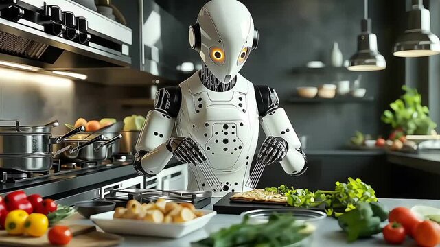 Robot chef preparing a meal in a high-tech kitchen.