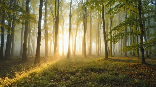Tranquil forest scene with sunlit trees and misty atmosphere providing a sense of calm and serenity