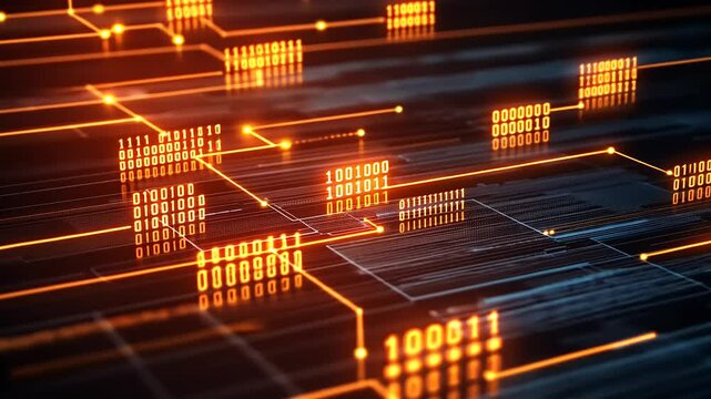 Abstract digital binary code network with glowing lines and binary data