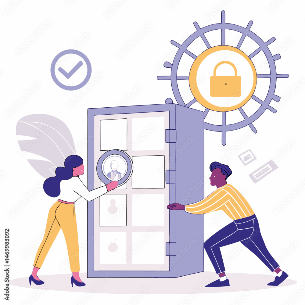 Poster team reviewing secure data in a vault with lock illustration of protection.