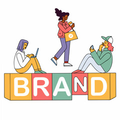 Modern illustration of people interacting with brand text on transparent background