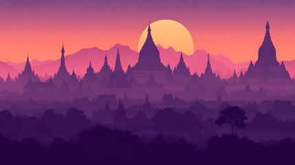 Sunset over ancient temples with hills.