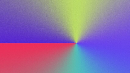 Abstract artwork featuring a vibrant gradient of purple, red, teal, and yellow, converging at a central point