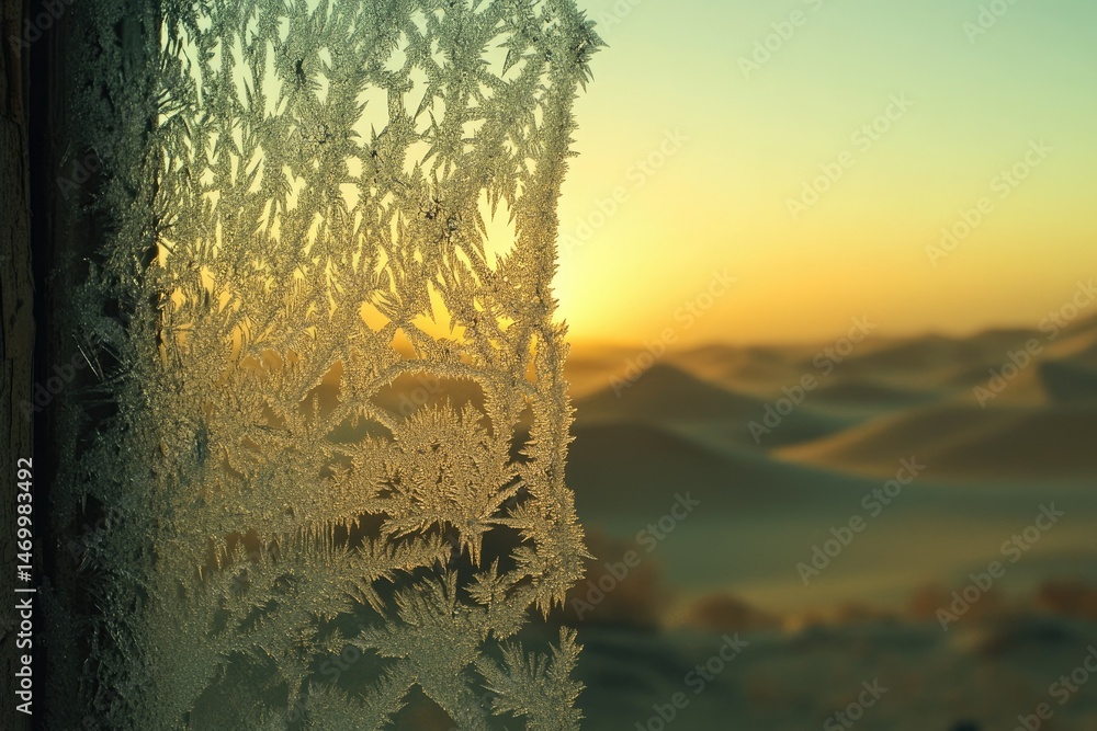 Poster intricate frost patterns on a window pane, backlit by a warm sunrise over a distant, hazy landscape.