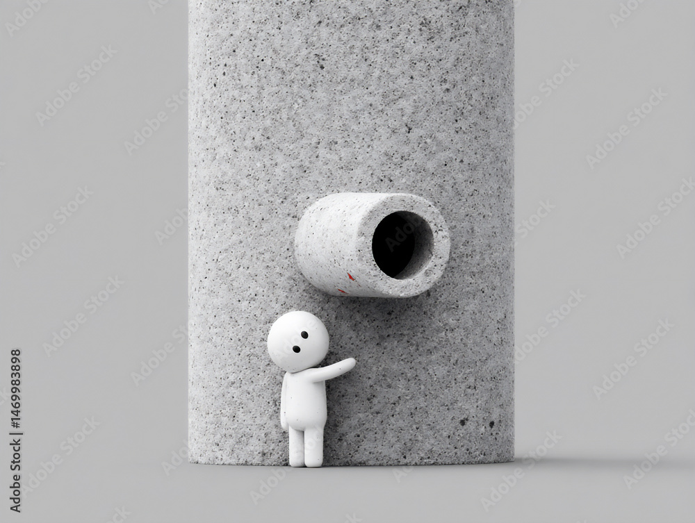 Poster a basic digital artwork depicting a character gesturing towards a specific part of a pillar, perhaps