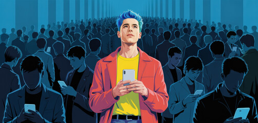 Man Standing Out in Digital Crowd, Individuality and Technology Addiction Concept Illustration 

