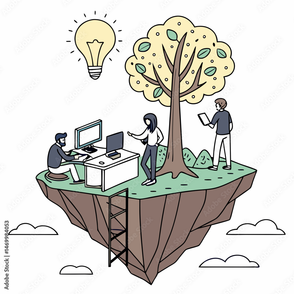Poster creative team on floating island with lightbulb and tree idea concept