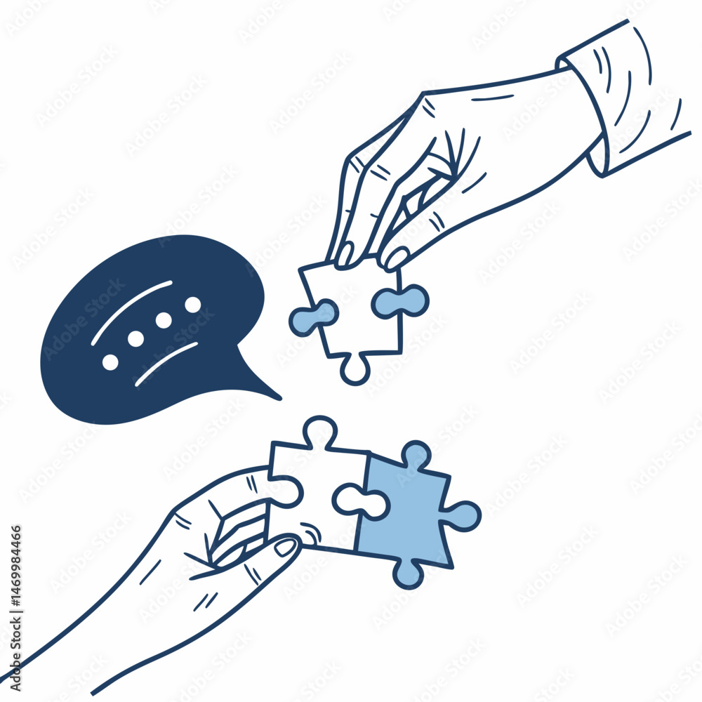 Poster collaborative teamwork concept depicted with hands assembling puzzle pieces and a dialogue bubble
