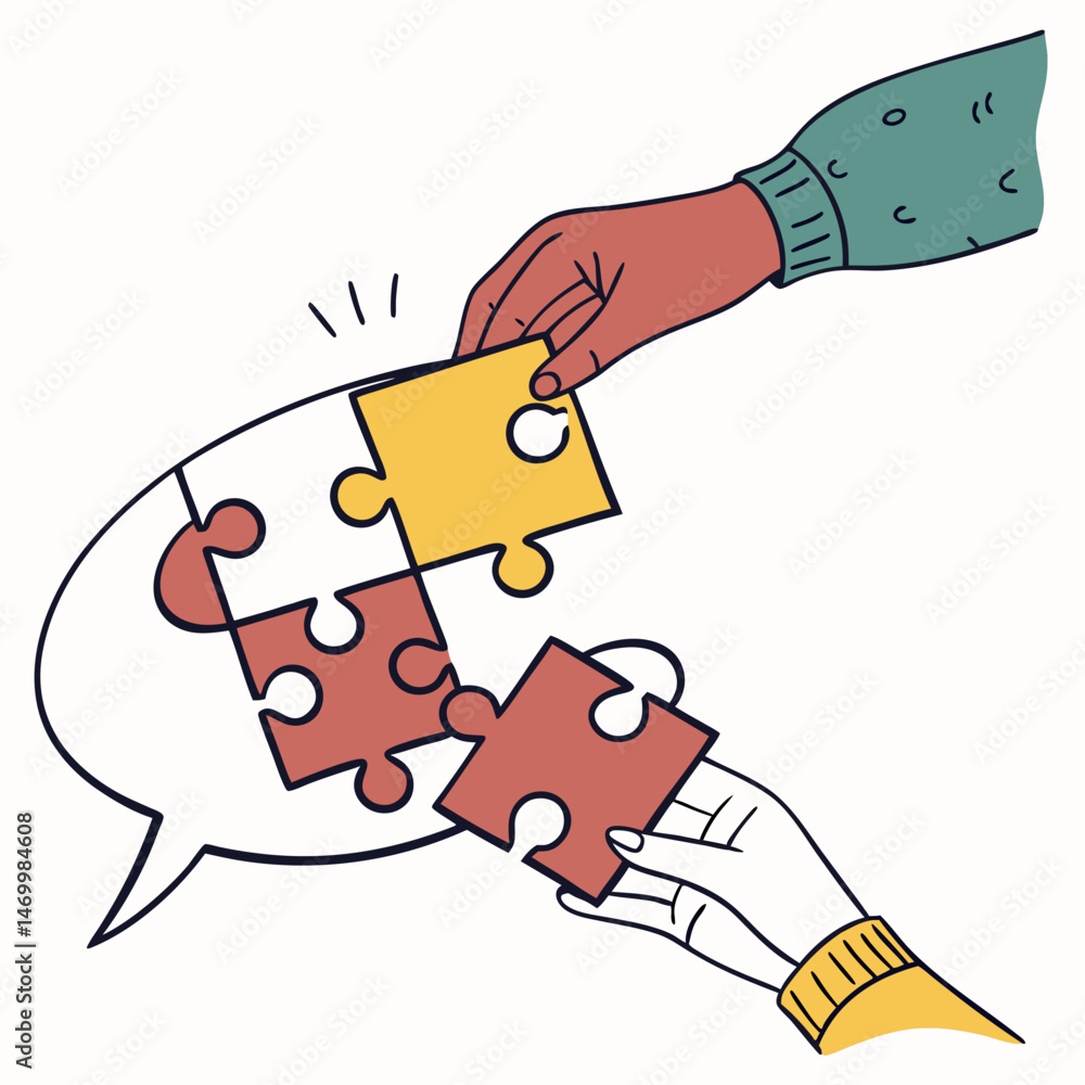 Poster collaboration and communication represented by hands assembling puzzle pieces within speech bubble