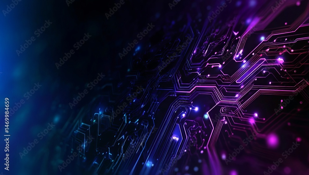 Poster abstract digital circuit board background with neon light lines and geometric patterns. the dark
