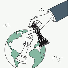Hand playing chess piece on earth illustrating global strategy and conflict
