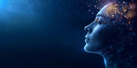 Obraz premium Abstract digital human head profile with glowing particles and dots on a dark blue background, in
