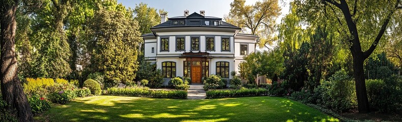 Fototapeta premium Beautiful two-story house with a garden in the historical center of the city of L, white walls and a black roof, gray windows, a wooden front door, modern architecture,generative ai