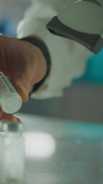 An experienced specialist pharmacist in a lab coat carefully scans the data on a vial as part of a medication management process in a modern pharmacy setting