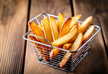 A basket of french fries sitting on top of a wooden table.