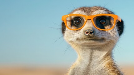 Curious meerkat wearing orange glasses under a clear blue sky