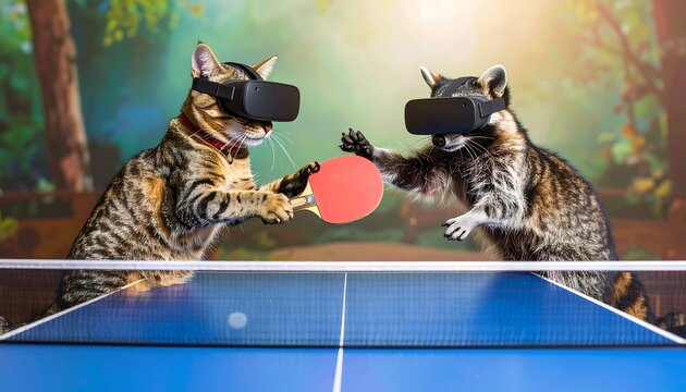 Tabby Cat and Raccoon Play Virtual Reality Ping Pong
