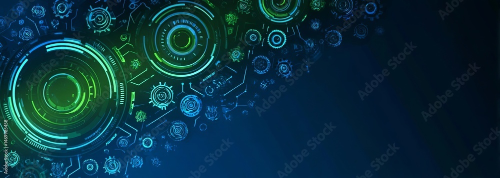 Poster abstract digital technology background with gears and circuit board patterns in blue and green