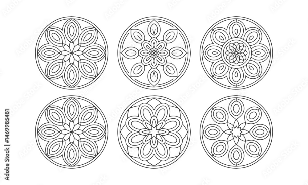 Poster set of six circular modern vector mandala-style ornaments with a floral pattern, easily scalable and