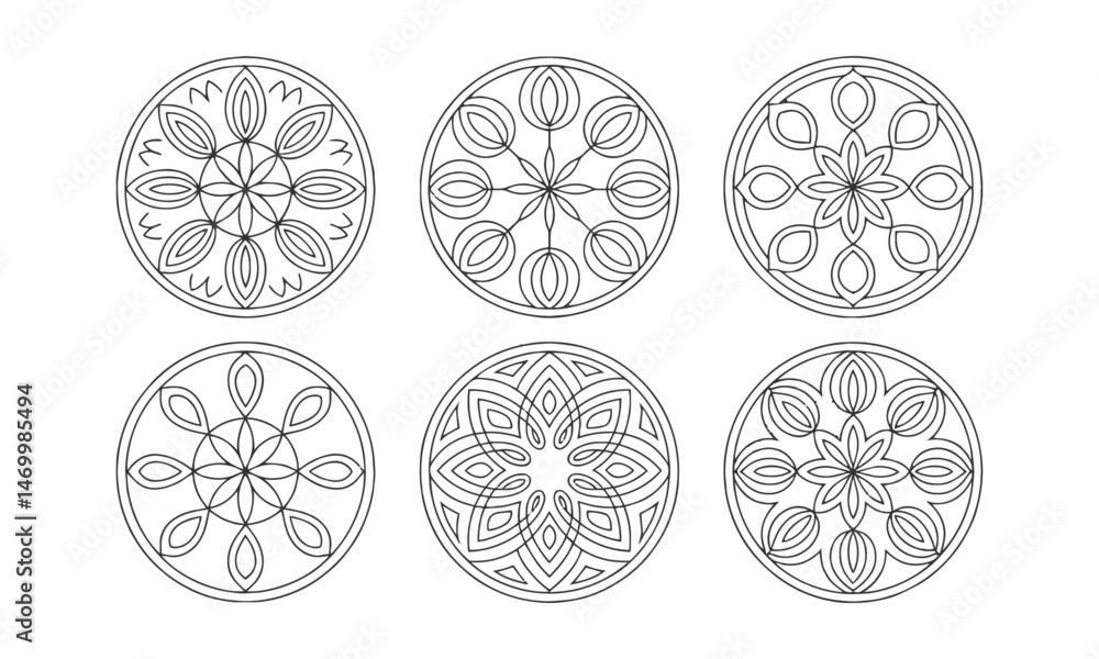 Poster set of six circular modern vector mandala-style ornaments with a floral pattern, easily scalable and
