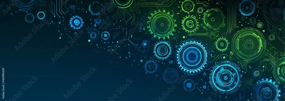 Poster abstract digital technology background with gears and circuit board patterns in blue and green