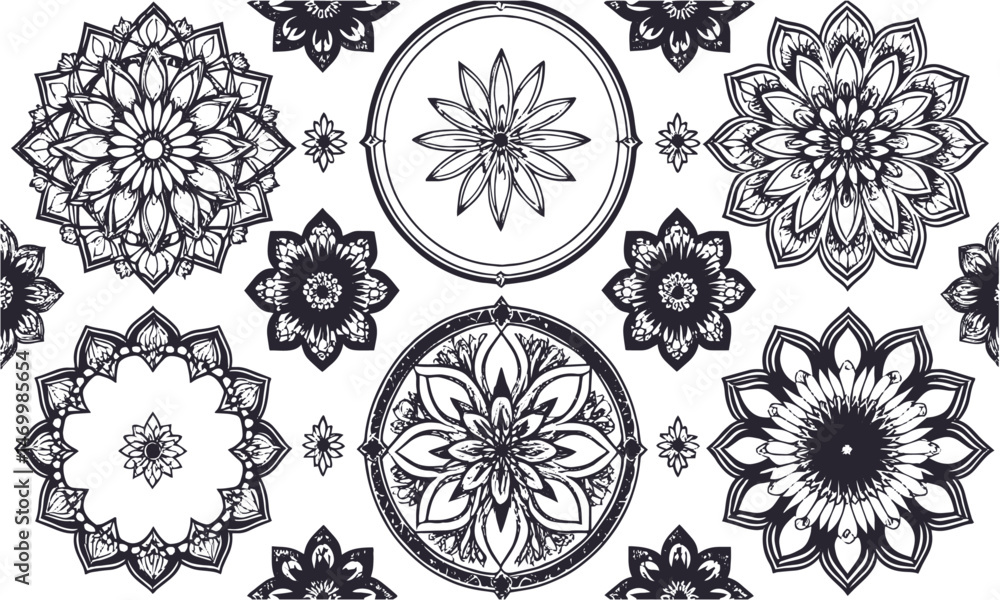 Poster set of six circular modern vector mandala-style ornaments with a floral pattern, easily scalable and