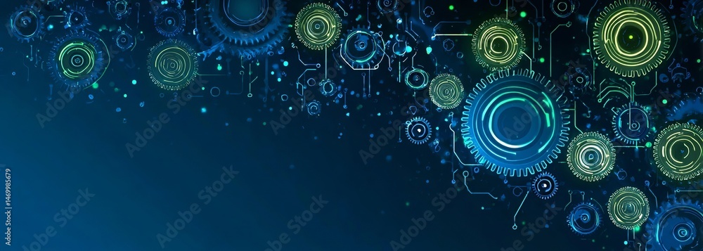 Poster abstract digital technology background with gears and circuit board patterns in blue and green