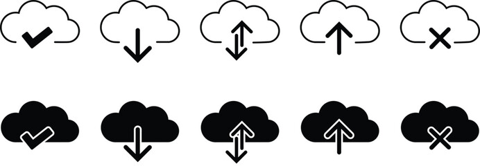 High-Quality Cloud Computing Icons Set – Upload, Download, Sync, Error, and Success Symbols for Data Transfer and Cloud Storage Applications