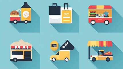 Food truck icons with delivery, and flat design.