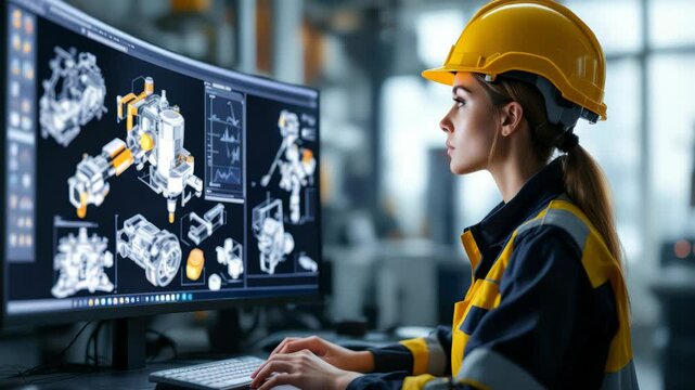 Female industrial engineer in helmet reviewing 3D CAD model on screen in modern factory. Concept of digital engineering and manufacturing