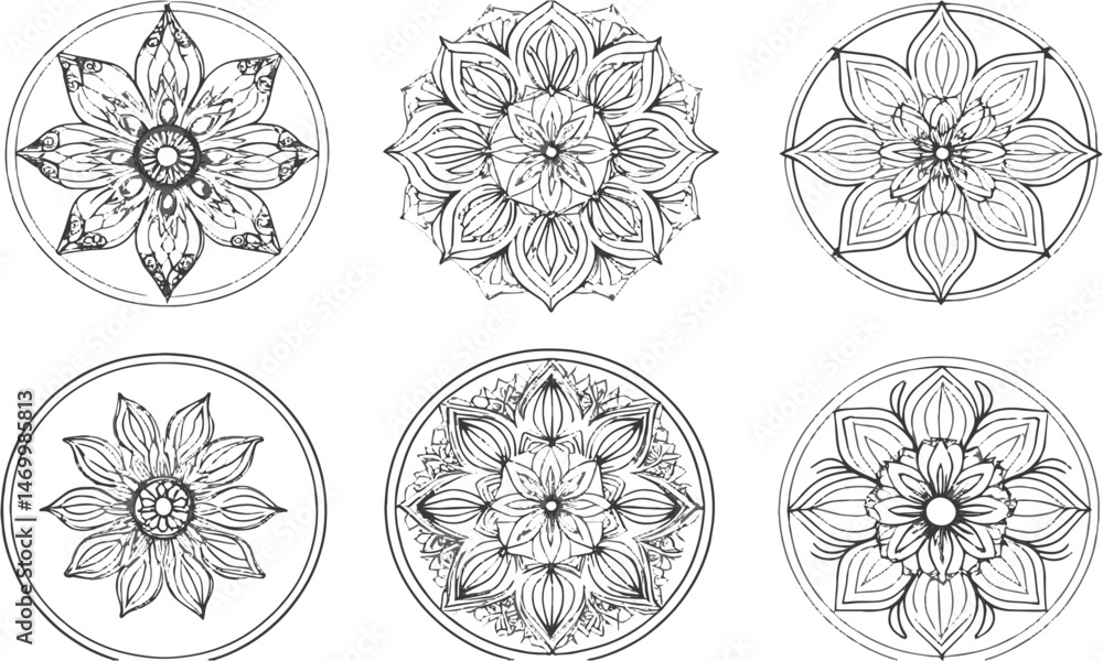 Poster set of six circular modern vector mandala-style ornaments with a floral pattern, easily scalable and