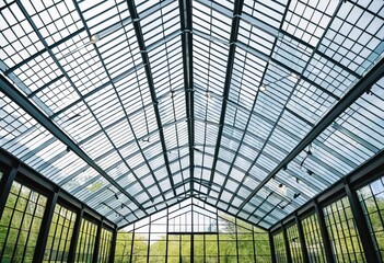 A large glass roof in a building with many windows.