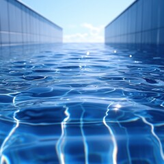 Fototapeta premium Serene pool water surface, rippling gently between modern walls. Sunlight reflects on the tranquil water