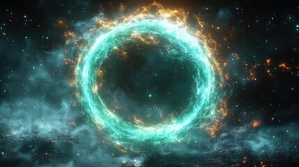 Obraz premium Fiery ring energy portal, cosmic backdrop, city below, intro sequence