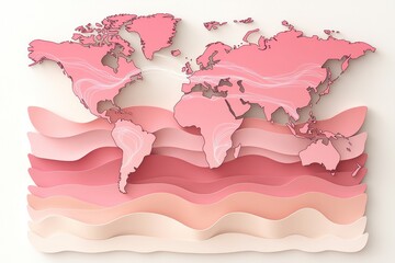 Global map with layered, wavy, pastel pink contours