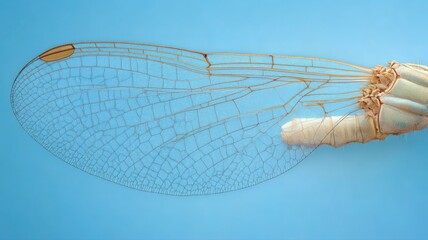 Translucent Insect Wing Macro Photography: Detailed Texture and Amber Markings on Light Blue Background