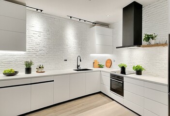 A kitchen with white cabinets and a white brick wall.