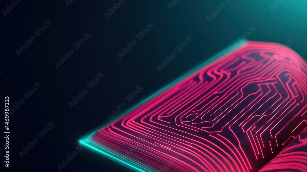 Poster artificial intelligence creating an e-book concept, luminous lines forming a digital manuscript with